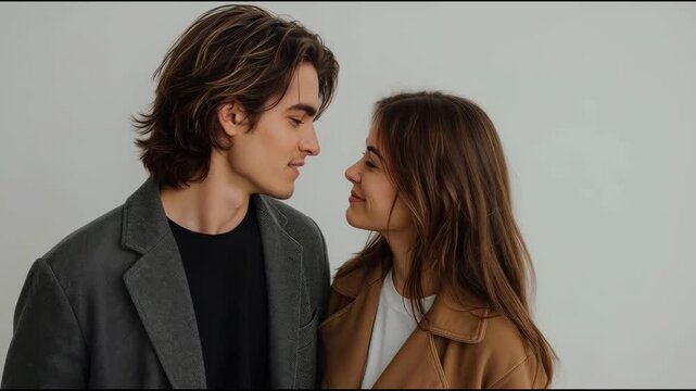 Romantic Couple Smiling Together Casual Jacket, Young Partners Embracing Affectionately Studio