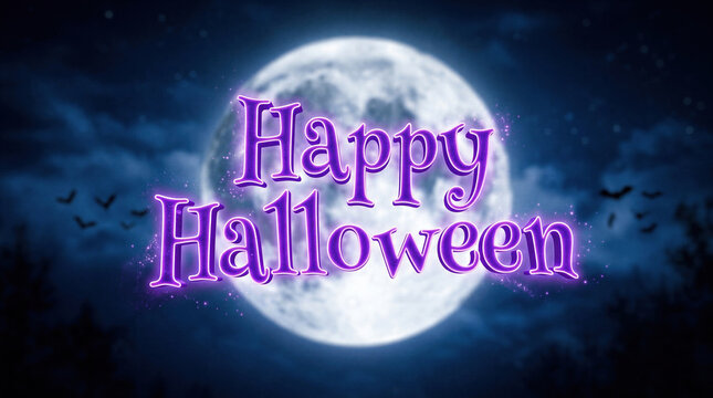 Happy Halloween text written in purple neon glowing letters against a giant full moon in the dark night sky. Spooky holiday background with flying bats silhouettes for greeting card.
