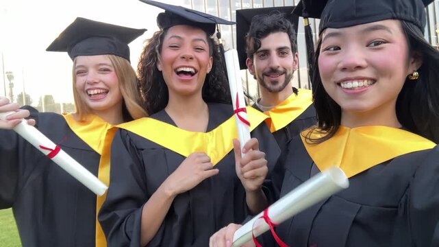 Group of happy multiracial graduates taking a selfie video with diplomas and celebrating graduation day at the university campus