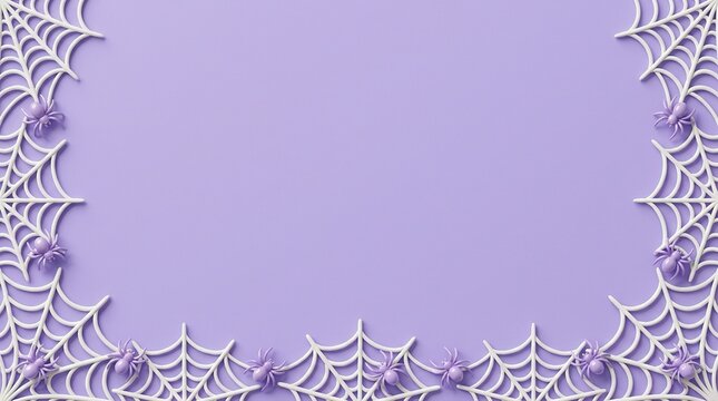 Halloween background with white spider webs and purple spiders