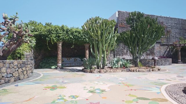 Large Cacti and Mosaic Floor at Plaza La Glorieta in Las Manchas, La Palma, Spain