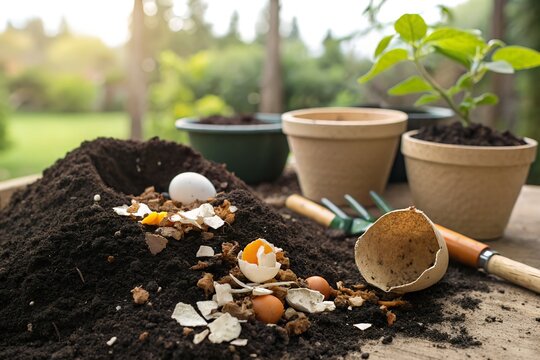 Organic eggshells and rich dark soil mixed together for garden composting fertilizer on transparent background