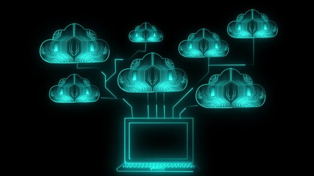 Data synchronization network featuring bright teal cyber clouds linked to a laptop display through glowing electronic circuits in a digital landscape.