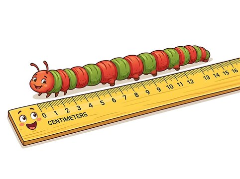 Cute cartoon caterpillar measuring height with wooden ruler. Colorful red and green insect character and happy school supplies vector illustration for education.