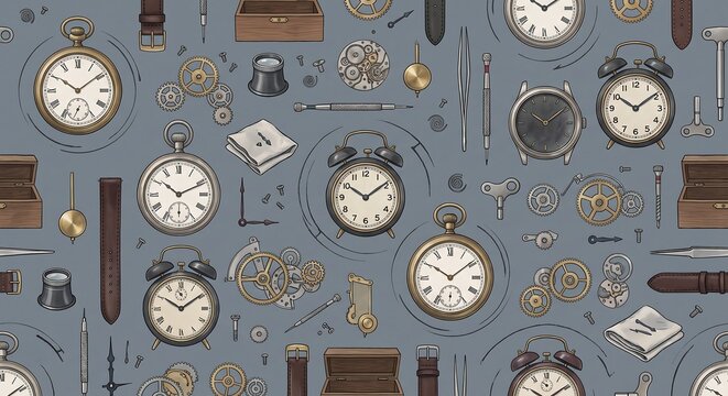 Watchmaker tools seamless pattern featuring vintage pocket watches, clock faces, gears, and repair tools on a grey background.