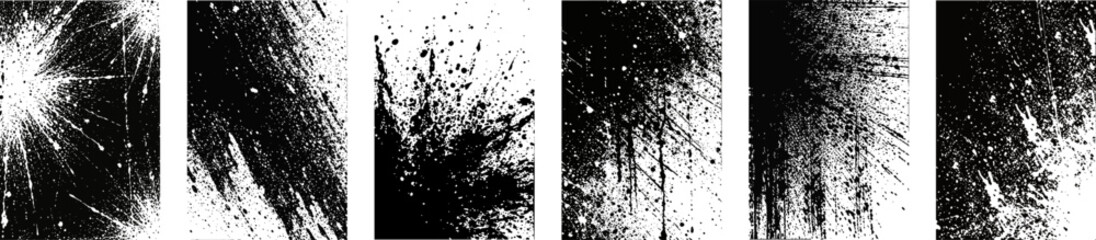 Fototapeta premium Grunge texture set of six black and white distressed patterns for design. Minimalist spray paint and ink splatter elements on white background.