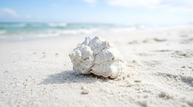 White conch shell sitting on pristine sand at the beach during daytime