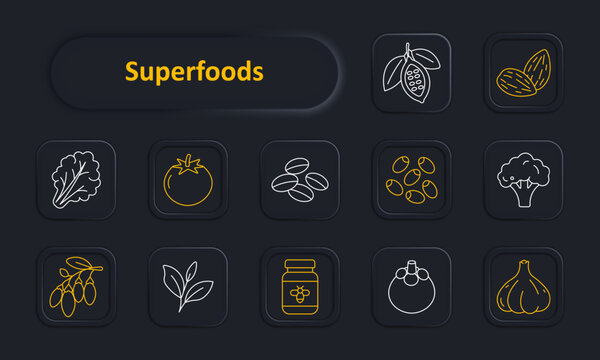 Superfoods set icon. Cacao pod, almond pair, leafy greens, tomato form, coffee beans, pumpkin seeds, broccoli form, goji berries, mint leaves, honey jar, mangosteen, garlic bulb.