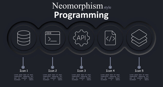 Programming set icon. Database stacks data units. Window shows terminal prompt. Gear frames api mark. Sheet holds code tags. Layers stack flat planes.
