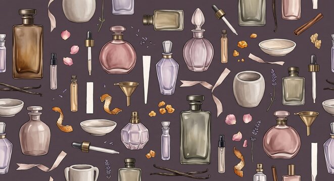 Perfume making seamless pattern with vintage glass bottles, droppers, flower petals, and vanilla beans on a dark plum background.