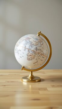 White porcelain earth globe on a smooth wooden table appears in a clean premium corporate presentation