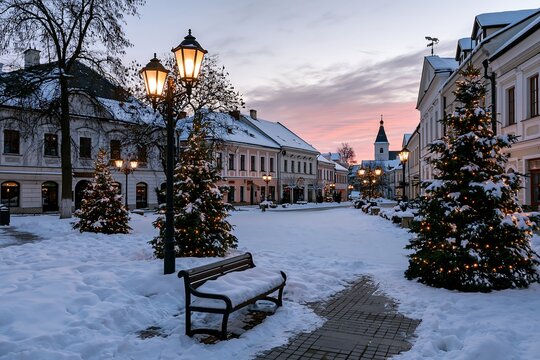 Snowy European town square decorated for Christmas at winter twilight