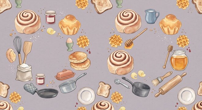 Breakfast and bakery seamless pattern featuring cinnamon rolls, brioche, honey dipper, and honey jar on a muted purple background.
