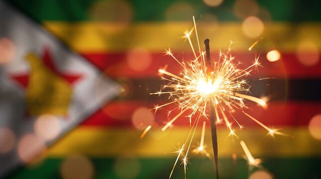 Burning sparkler macro shot with blurred Zimbabwe flag background and warm bokeh lighting effects
