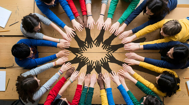 Diverse group of students sitting around a table connecting their hands in a circle to represent teamwork and cooperation in an academic classroom environment while promoting community and