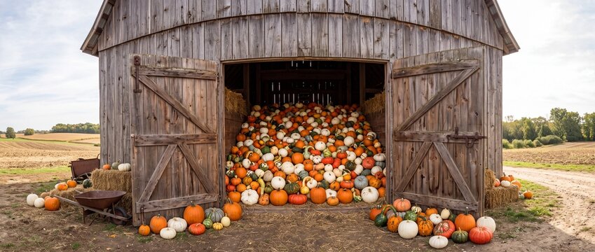 Old rustic barn with open doors revealing abundant harvest of diverse pumpkins and gourds, autumn farm scene with hay bales.