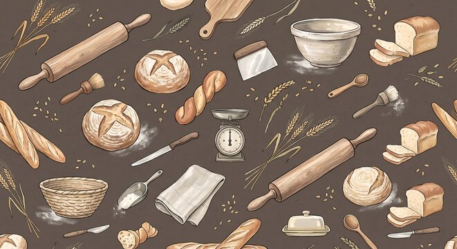Artisanal bakery and bread making seamless pattern with sourdough loaves, rolling pin, wheat stalks, and kitchen scale on a brown background.