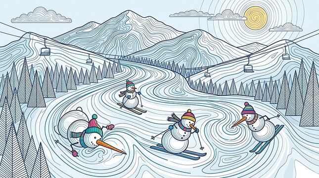 Cartoon snowmen skiing on a mountain slope with pine trees and a cable car. Linear vector illustration of winter sports and holiday fun in a snowy landscape. Blue, grey, and orange color palette.