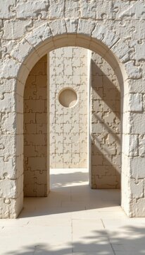 Plaster puzzle structures with crisp key shadow patterns on walls are framed in a clean minimalist cinematic view