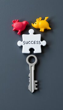 Success puzzle objects and a key illustrating corporate problem solving are presented in a clean minimalist business concept shot