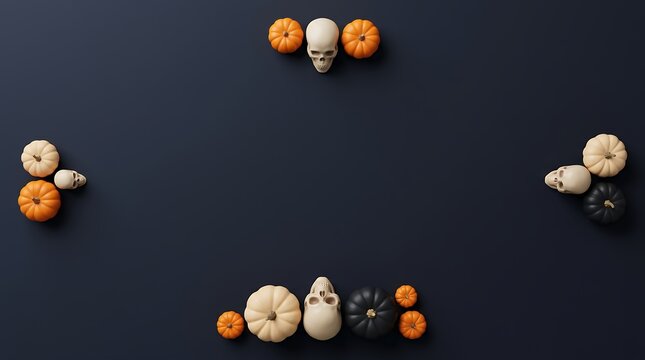 Dark charcoal gray background styled with small thematic arrangements positioned at the top, bottom, and side edges for balanced seasonal framing.