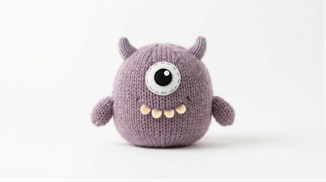 Purple knitted monster toy for Halloween. Handmade wool doll with one eye and horns. Small plush creature as creative decoration for autumn holiday celebration and nursery decor.