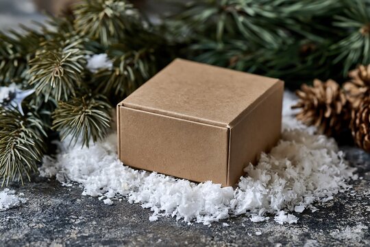 Craft box gift package mockup with pine branch and snow for winter time