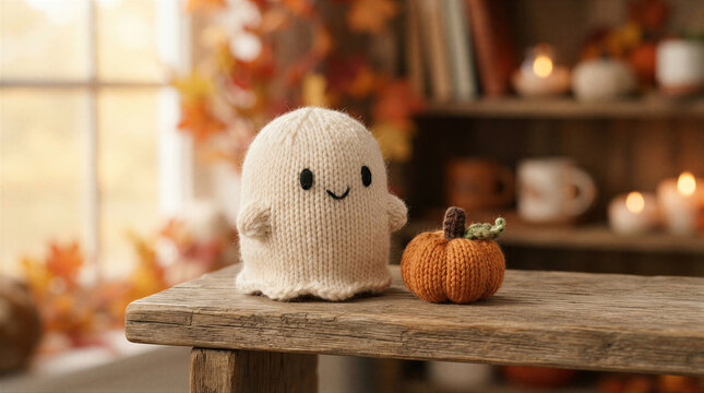 Knitted ghost and small pumpkin toy on wooden table. Handmade wool decorations for Halloween. Cozy home interior with autumn decor for holiday celebration. Seasonal festive craft object.