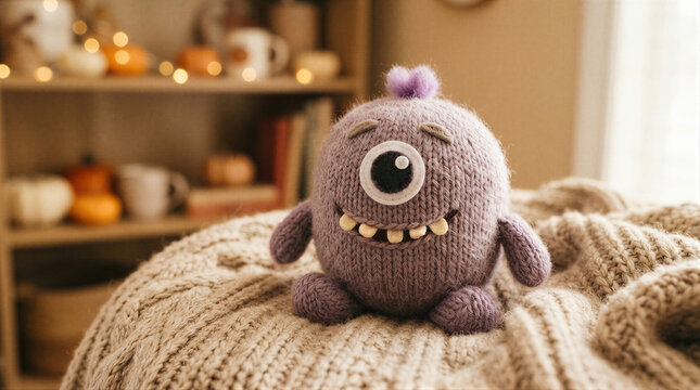 Knitted purple monster toy sitting on a cozy blanket. Handmade Halloween creature for children. Cute fuzzy cyclops doll as a decoration for a holiday home interior in autumn season.