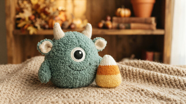 Cute green knitted monster toy with a small candy corn doll sitting on a soft blanket. Festive Halloween home decoration with rustic autumn background. Cozy fall holiday concept.
