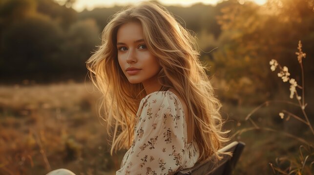 Captivating young woman at sunset in a floral dress, perfect for fashion, lifestyle, beauty, summer, and outdoorthemed creative projects.