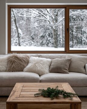 Cozy living room with sofa and window view of a snowy winter forest scene