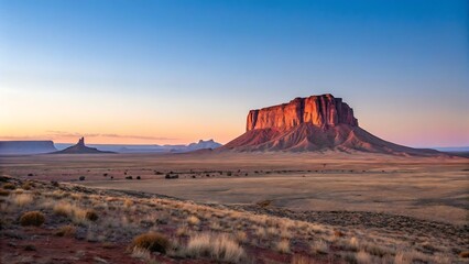 Naklejka premium Panoramic desert landscape with red rock butte at sunrise in the American Southwest.
