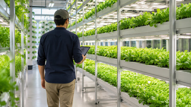 Farmer monitoring hydroponic vertical farm with digital tablet