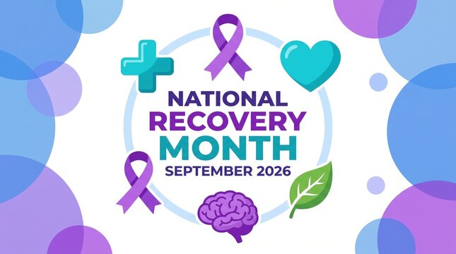 National Recovery Month September 2026 modern graphic banner with health icons and purple ribbon