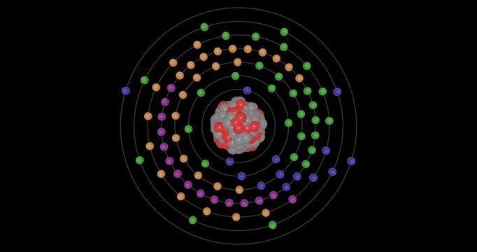3D animation of an Actinium atom on a transparent background showing shells, subshells, electron orbits, and nucleus with protons and neutrons, illustrating atomic structure and energy levels.