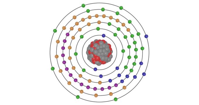 3D animation of a radon atom showing shells, subshells, electron orbits, and nucleus with protons and neutrons, illustrating atomic structure and energy levels for STEM education visuals in chemistry