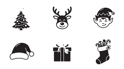 Fototapeta premium Minimalist Christmas icons set, black holiday vector symbols, 6 festive winter elements for seasonal branding and web design isolated on Transparent Background