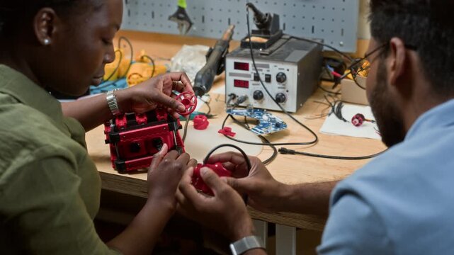 African American young adult woman and Indian young adult man assembling robotic parts in workshop, over shoulder shot. Clip suitable for STEM education and tech startup marketing videos