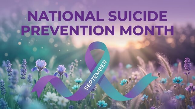 National Suicide Prevention Month September banner with teal purple ribbon on lavender field