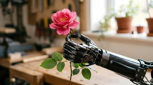 A prosthetic mechanical hand holding a pink rose in a workshop setting showing how advanced artificial intelligence and bionic limb technology can appreciate the natural beauty found within our