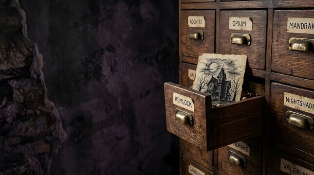 Apothecary cabinet drawer labeled hemlock containing sketch of haunted house for dark mystery concept.