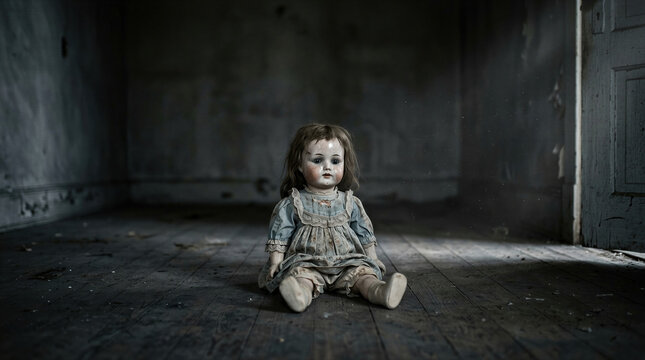 Old creepy doll sitting on floor in abandoned dark room. Scary antique toy in ruined house for Halloween concept. Atmosphere of mystery and ghost story in derelict building interior.