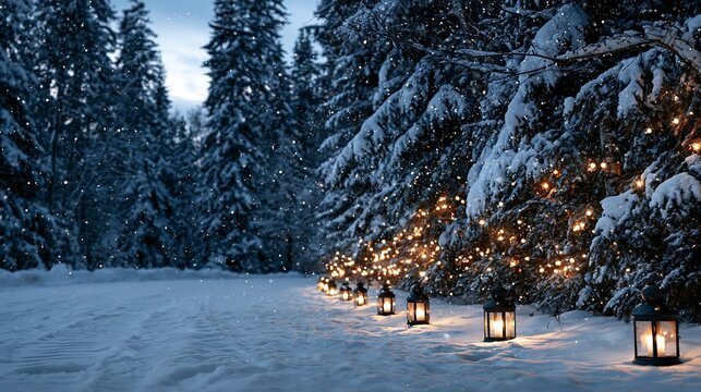 Magical winter forest path lit by glowing lanterns and festive fairy lights