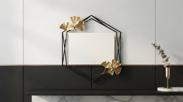 Minimalist geometric wall frame decorated with metallic gold ginkgo leaves for modern interior styling.