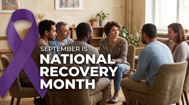Group therapy session support room with National Recovery Month September text background