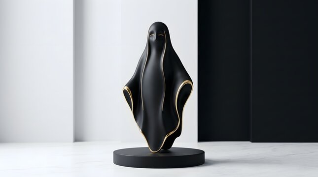 Elegant black ghost figurine with gold trim on marble base for stylish minimalist home decoration.