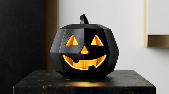 Geometric black carved pumpkin lantern with bright internal glow for modern halloween table decor.
