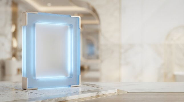 Glowing blue glass picture frame with modern metallic corners for minimalist interior display.
