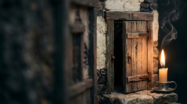 Small wooden door numbered thirteen next to candle with rising smoke trail.